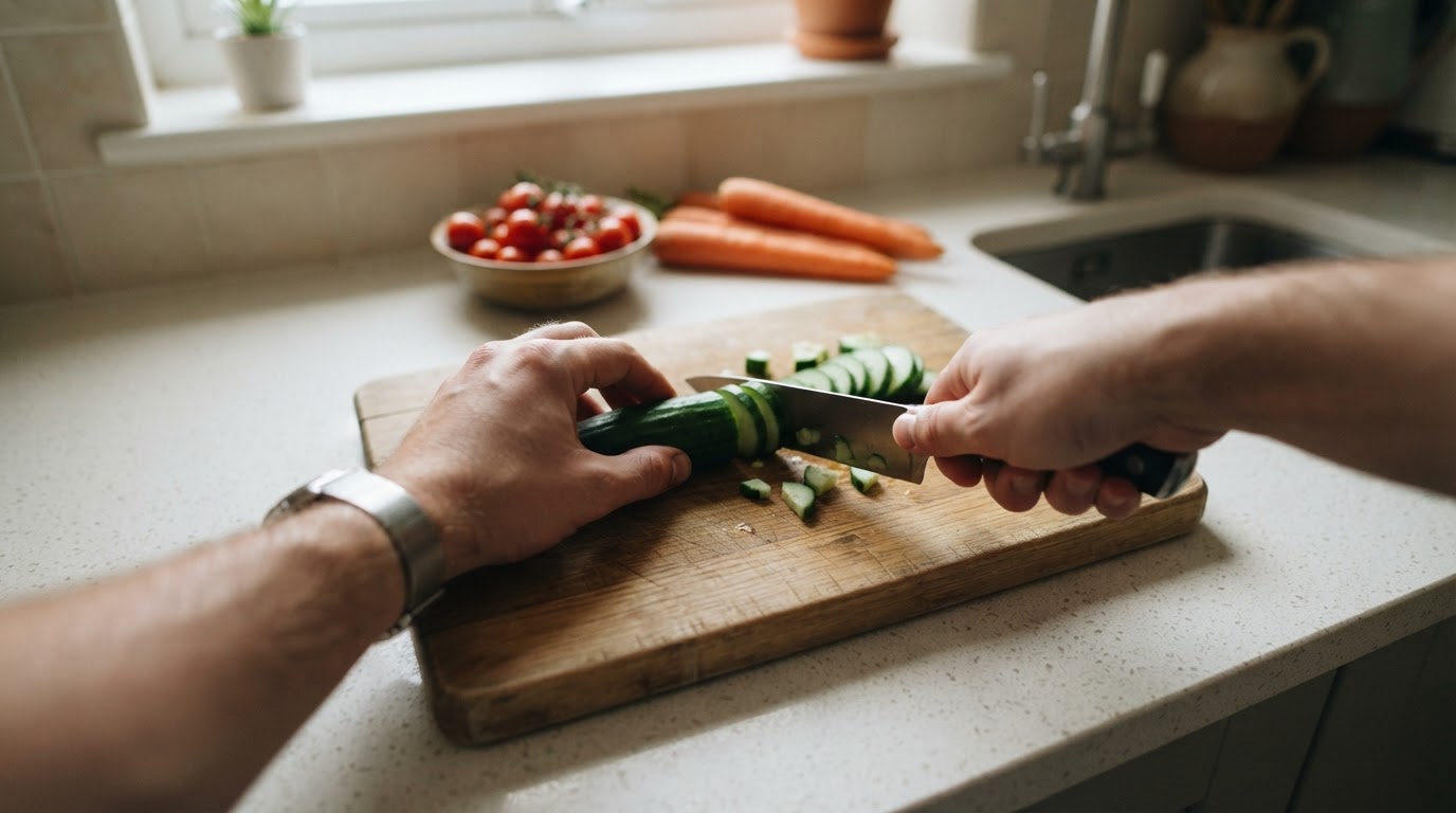 Hands chopping vegetables on a wooden board, seen from the cook's own point of view